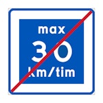Skylt Rekommenderad lägre hastighet max 30 km/tim upphör - E