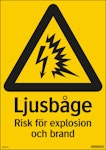 Skylt Ljusbåge Risk för explosion och brand 210x297mm hårdpl